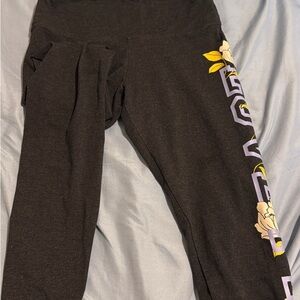 PINK Victoria's Secret Black Leggings with Yellow and Purple Floral Design